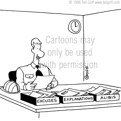 safety cartoon 1955a: Supervisor with three in trays on desk: 