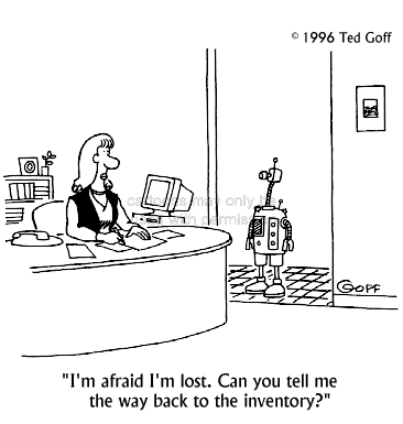 office cartoon 2037: In messy office, managers ask about file cabinet: 